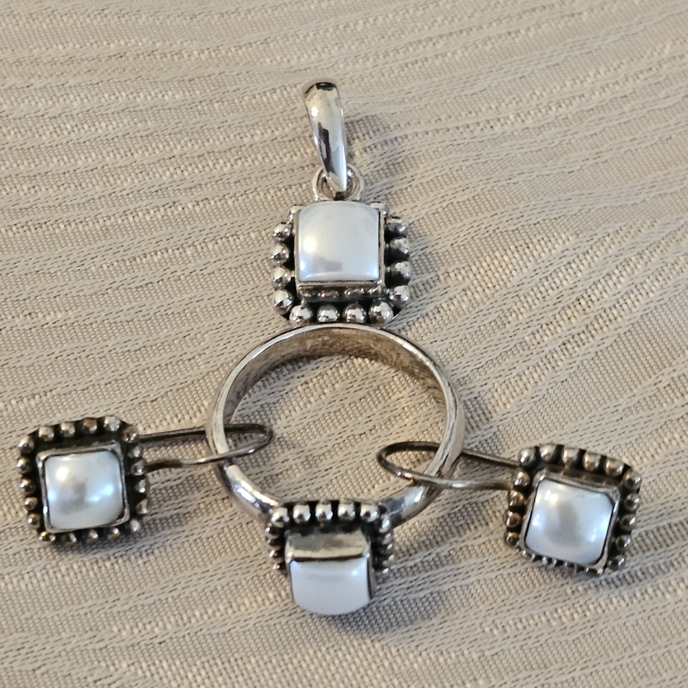 Silpada SS Button Frame Pearl Drop Pendant,Wire Earrings & Size 8 Ring.